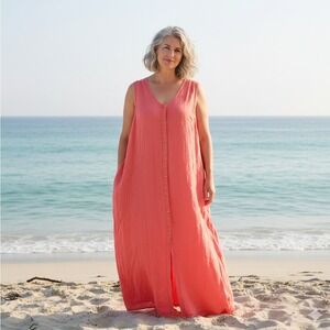 Flax Maxi Dress Size 24-26 3G Coral 100% Linen Sleeveless Button Front